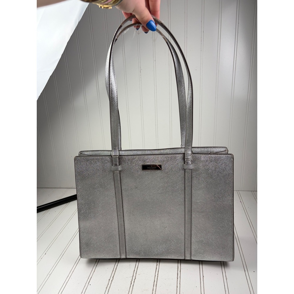 Kate Spade Vintage Silver Metallic Saffiano Leather Kenzie Shoulder Bag Purse - Picture 2 of 15